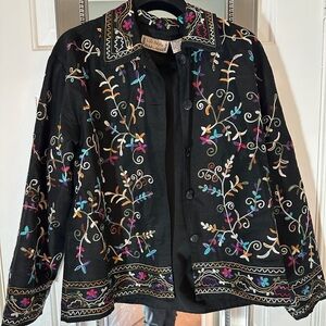 Gorgeous embroidered silk jacket, black with flowers, Size Medium